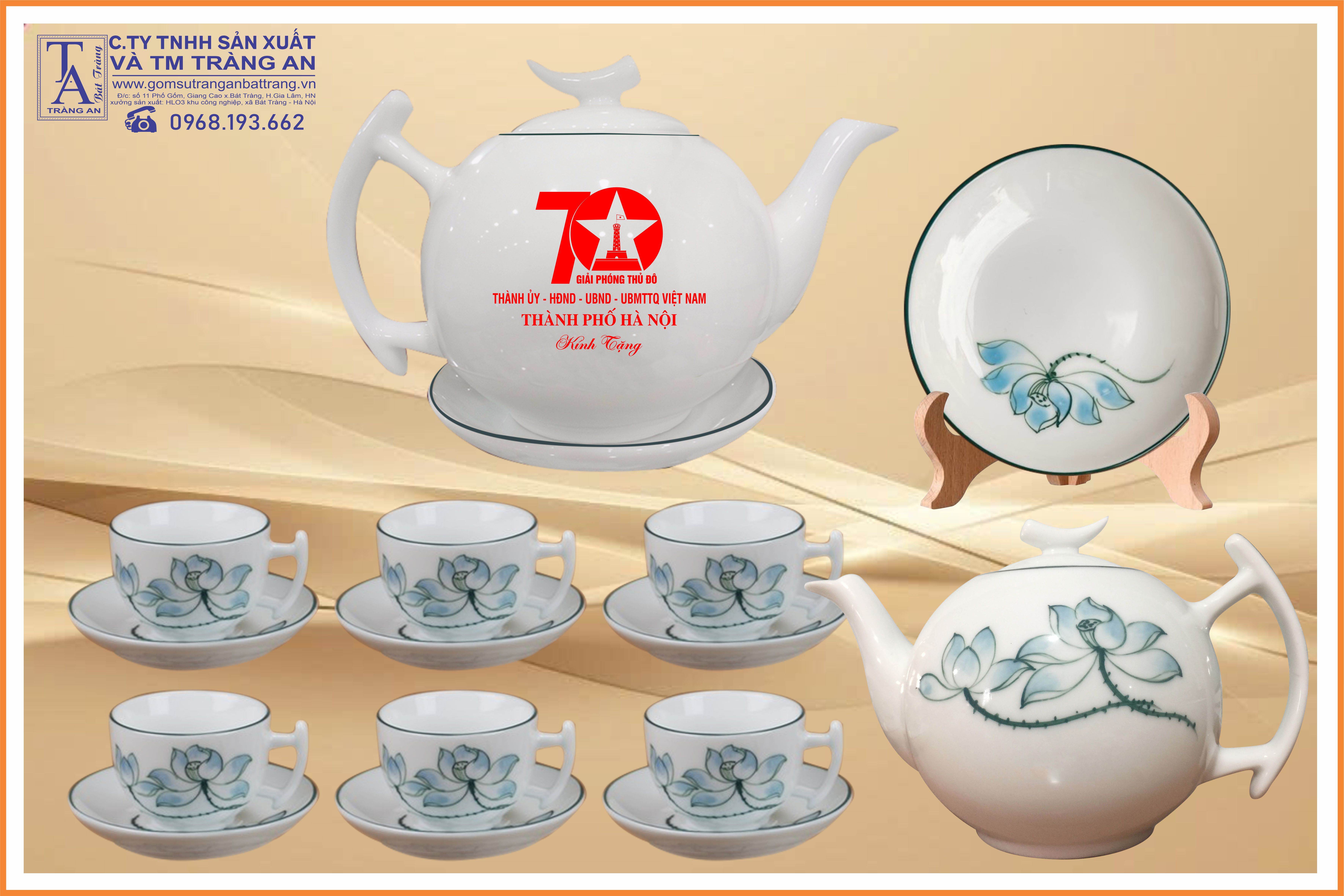 Bộ trà bưởi cành, vẽ hoa sen xanh
